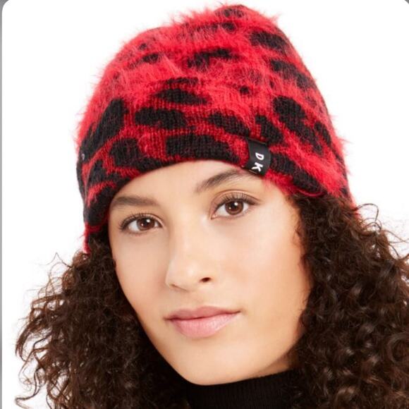 DKNY $36 NEW Red & Black Fuzzy Animal Print Beanie Cheetah Toboggan Hat Cap - Picture 1 of 4